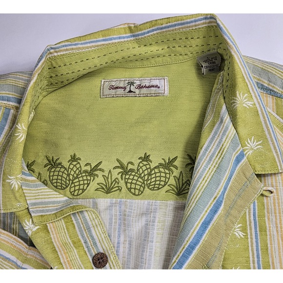 Tommy Bahama Shirt Men's Large 100% Silk S/S Button Green Blue Stripe‎ - Picture 1 of 10
